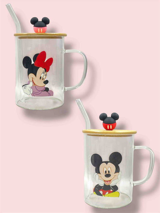 Vaso de Vidrio con Pitillo y Tapa de Mickey Mouse | Blessy