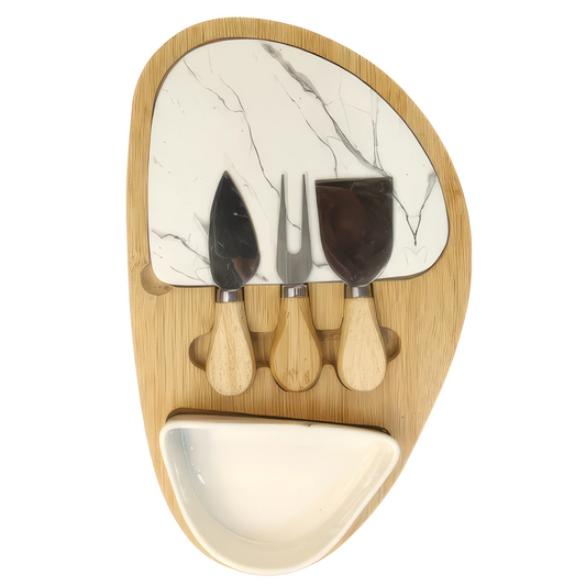 Set de tabla para quesos en bambú con utensilios de acero inoxidable y bowl cerámico elegante