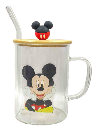 Vaso de Vidrio con Pitillo y Tapa de Mickey Mouse | Blessy