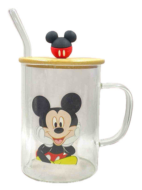 Vaso de Vidrio con Pitillo y Tapa de Mickey Mouse | Blessy